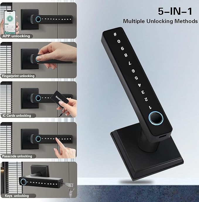 5-in-1 Smart Fingerprint Door Lock – Keyless Entry, Fast & Secure with App Control & Emergency Charging