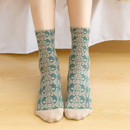 5 Pairs of Artistic Retro 3D Relief Socks – Floral &amp; Forest Style for Women