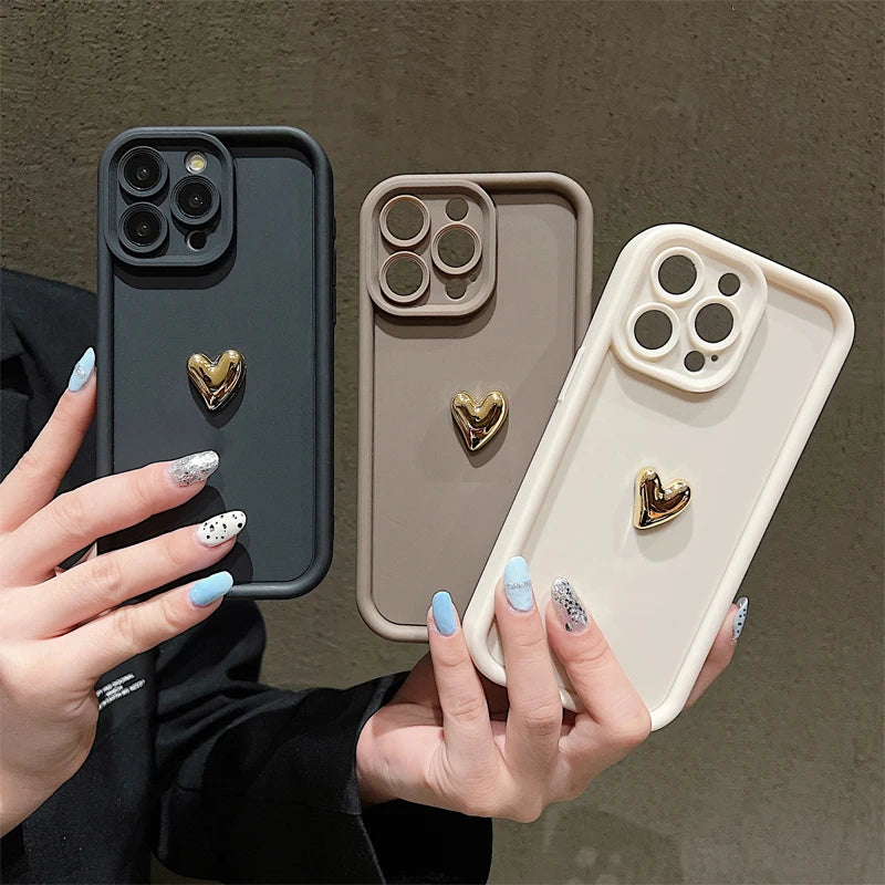 3D Gold Heart Silicone Case – Shockproof Matte Cover for iPhone