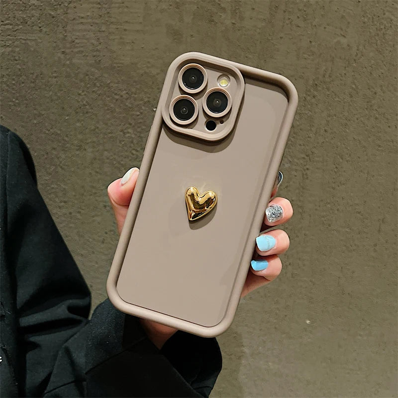 3D Gold Heart Silicone Case – Shockproof Matte Cover for iPhone