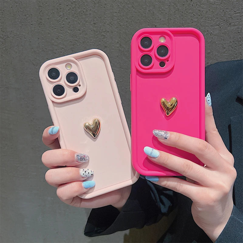 3D Gold Heart Silicone Case – Shockproof Matte Cover for iPhone