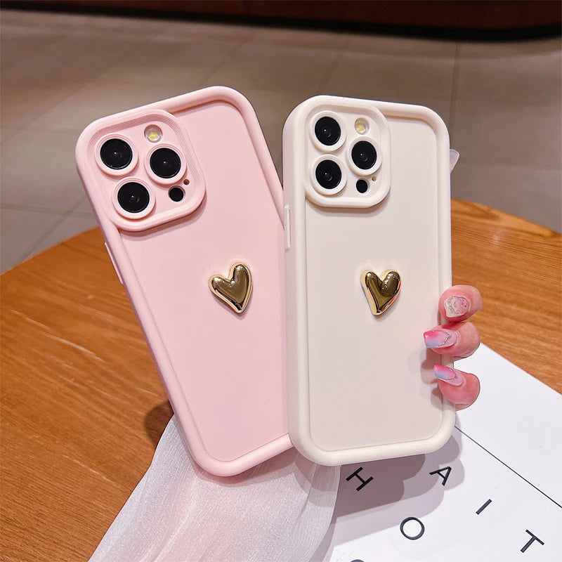 3D Gold Heart Silicone Case – Shockproof Matte Cover for iPhone