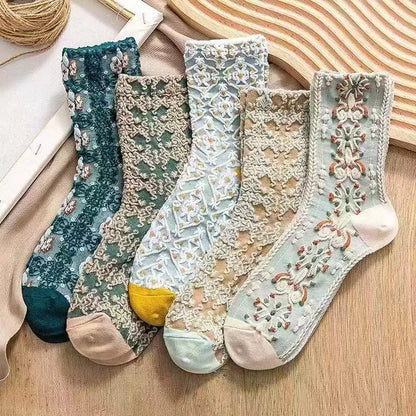 5 Pairs of Artistic Retro 3D Relief Socks – Floral &amp; Forest Style for Women