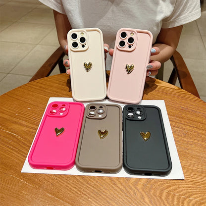 3D Gold Heart Silicone Case – Shockproof Matte Cover for iPhone