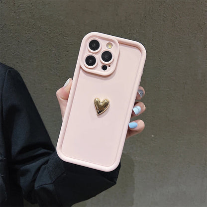 3D Gold Heart Silicone Case – Shockproof Matte Cover for iPhone