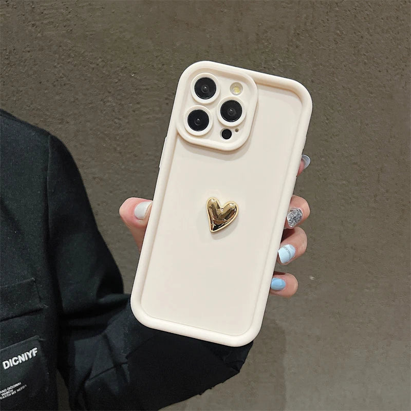 3D Gold Heart Silicone Case – Shockproof Matte Cover for iPhone