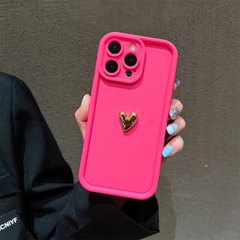 3D Gold Heart Silicone Case – Shockproof Matte Cover for iPhone