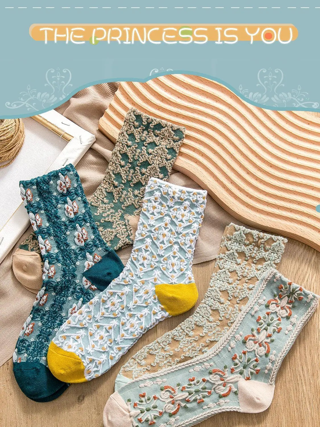 5 Pairs of Artistic Retro 3D Relief Socks – Floral &amp; Forest Style for Women